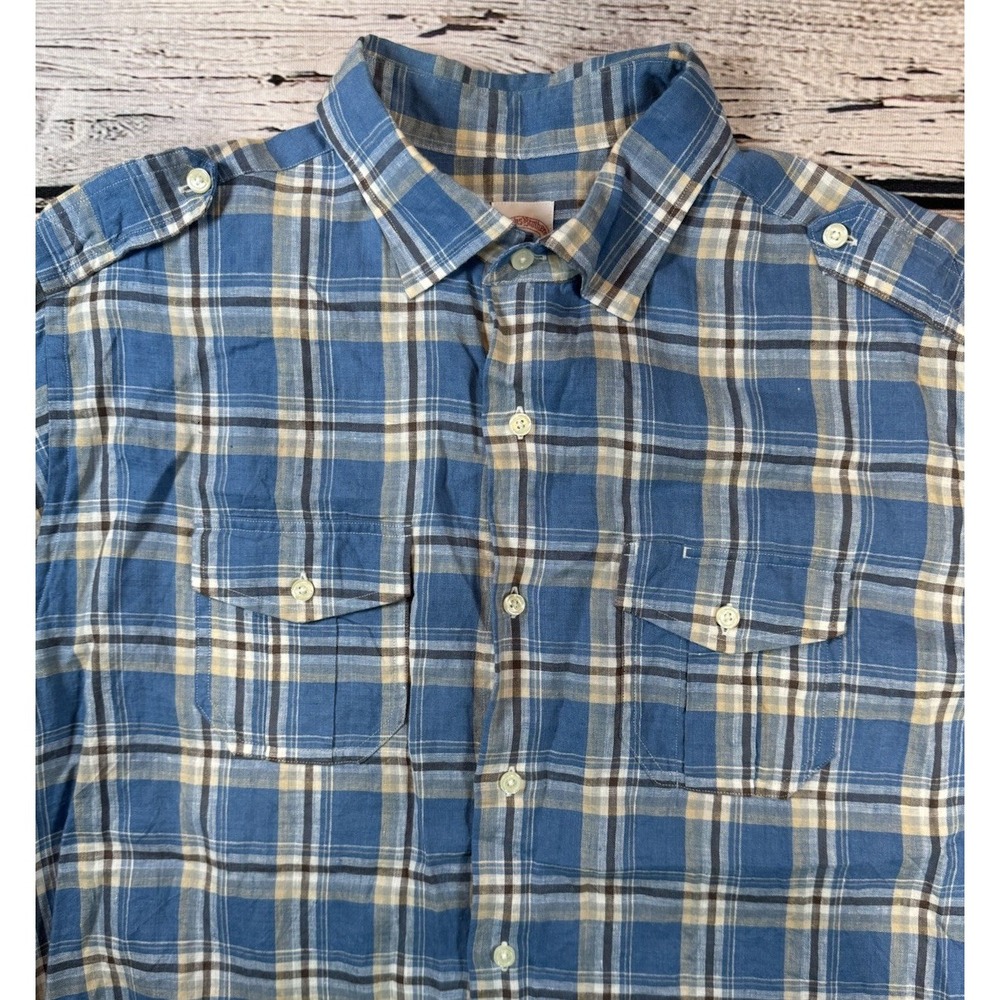 Brooks Brothers Shirt Mens XL Blue Beige Plaid 100% Irish Linen Button Up Oxford
